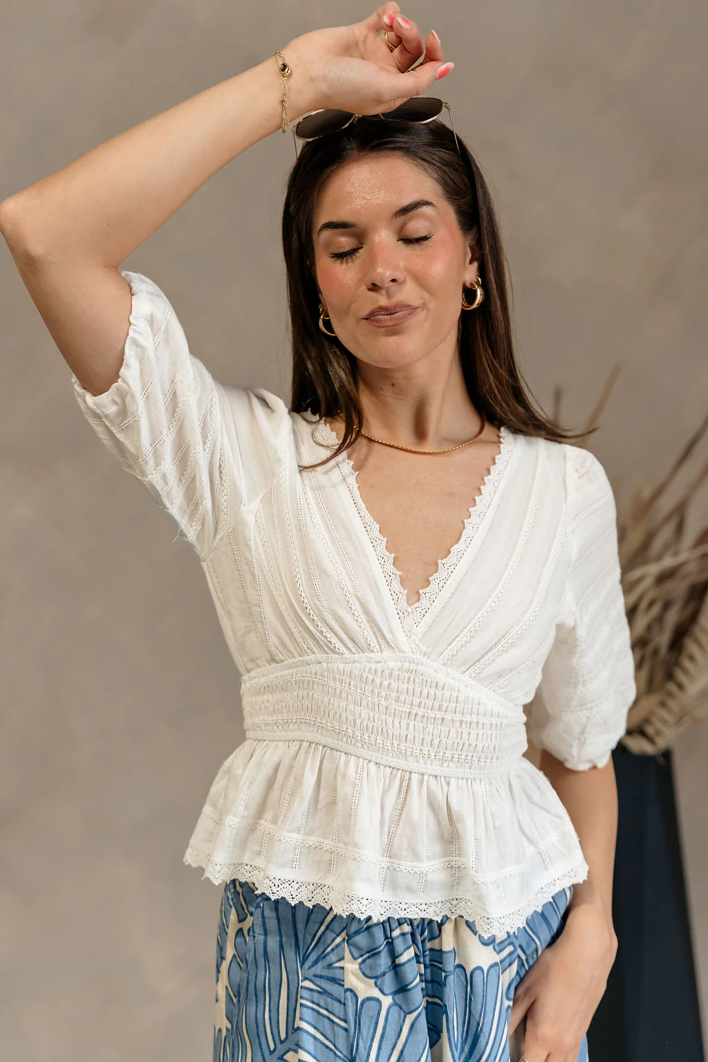 Dahlia White Stitch Lace V-Neckline Top - Image 3