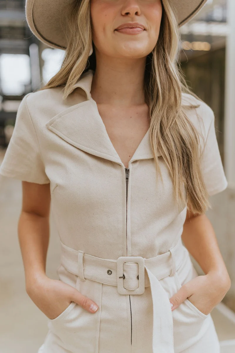 Dakota Denim Romper in Oatmeal - Image 3