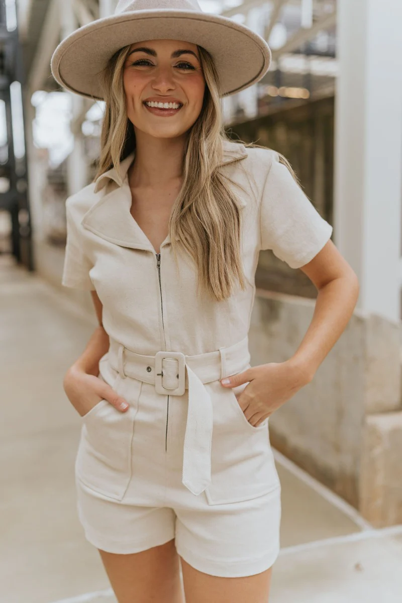 Dakota Denim Romper in Oatmeal - Image 4
