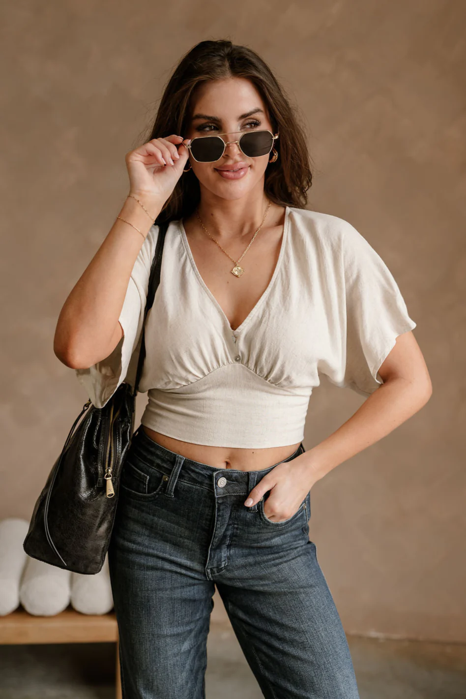 Dalia Cream Cropped Short Sleeve Top
