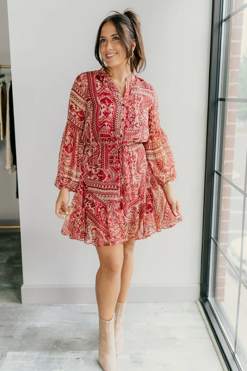 Dalia Red & Tan Printed Long Sleeve Mini Dress - Image 2