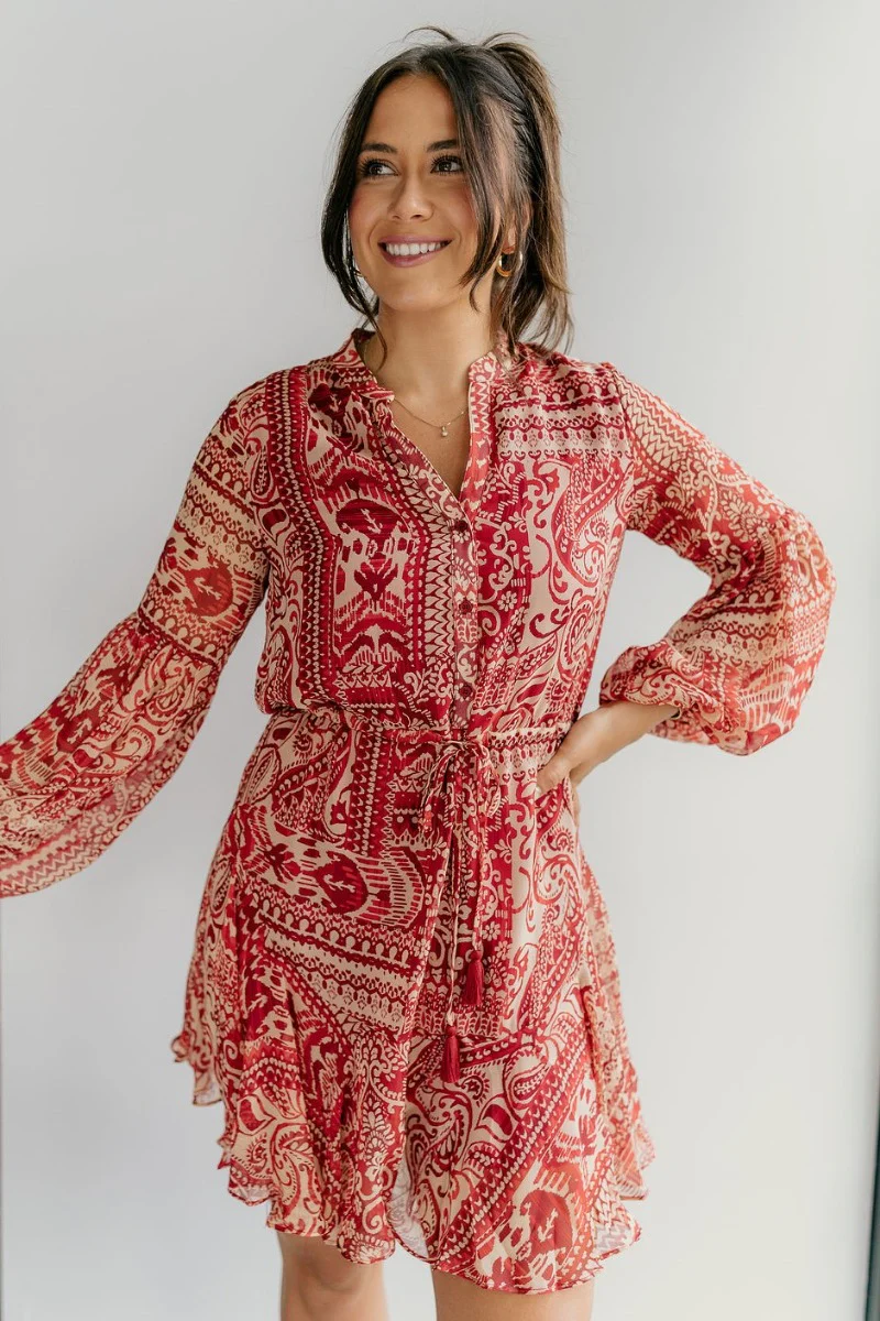 Dalia Red & Tan Printed Long Sleeve Mini Dress - Image 3