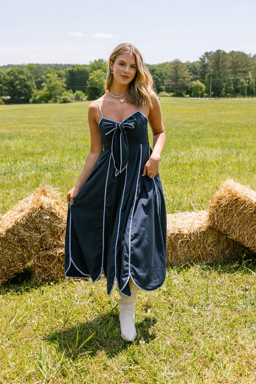 Dallas Navy Stripe Scallop Midi Dress