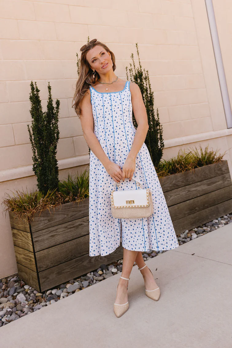 Dallas White & Blue Floral Flare Midi Dress