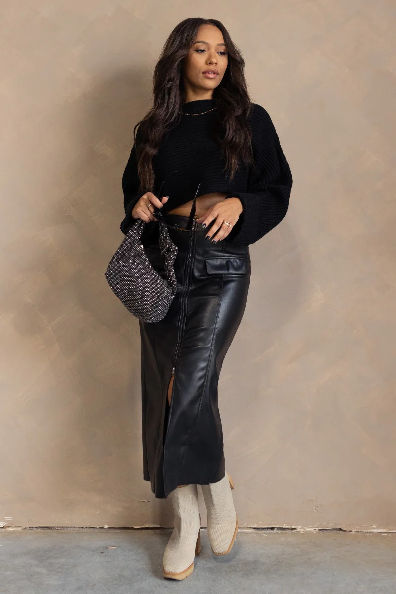 Danna Black Faux-Leather Slit Front Midi Skirt