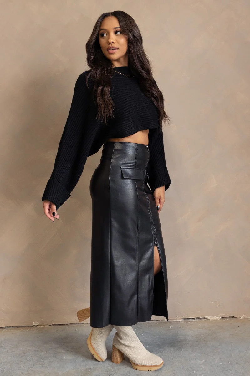 Danna Black Faux-Leather Slit Front Midi Skirt - Image 3