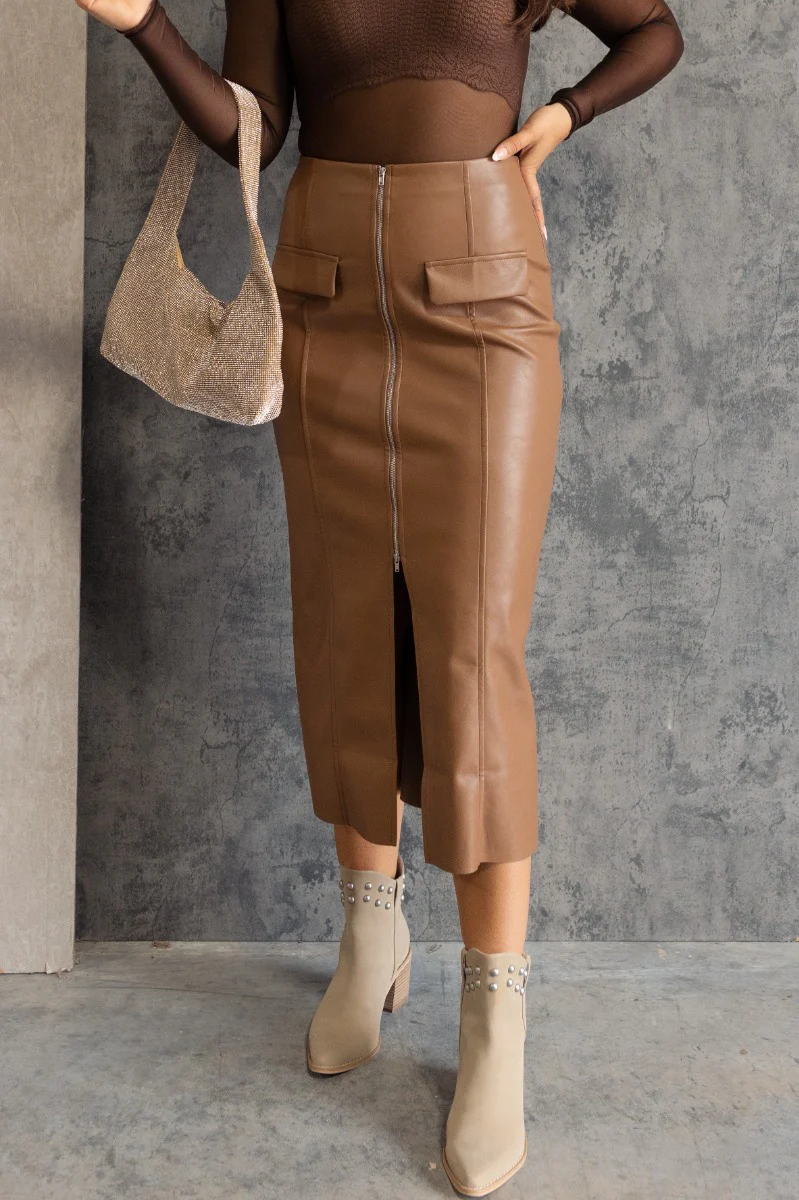 Danna Brown Faux-Leather Slit Front Midi Skirt - Image 2
