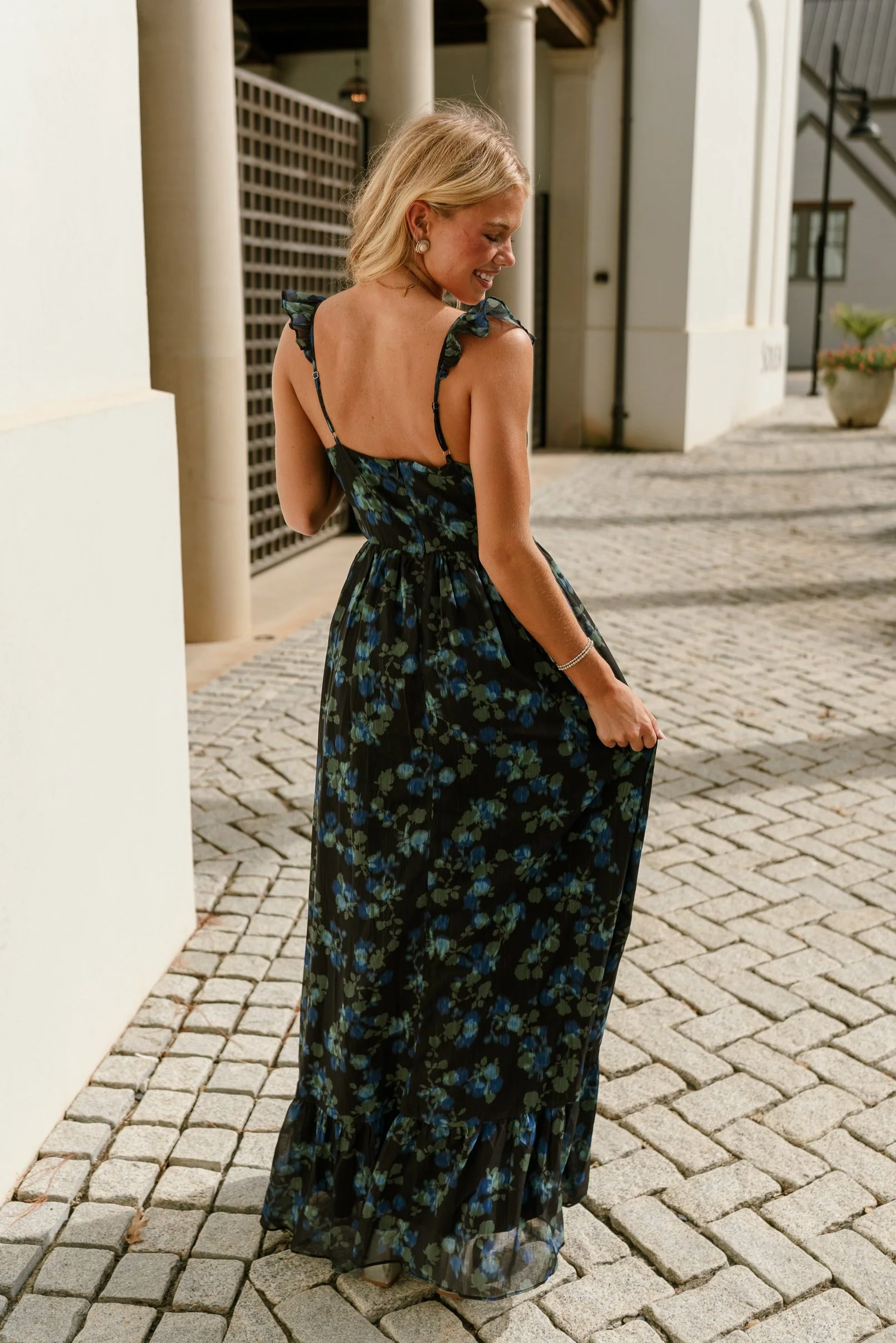 Daphne Black Floral Ruffle Maxi Dress - Image 8