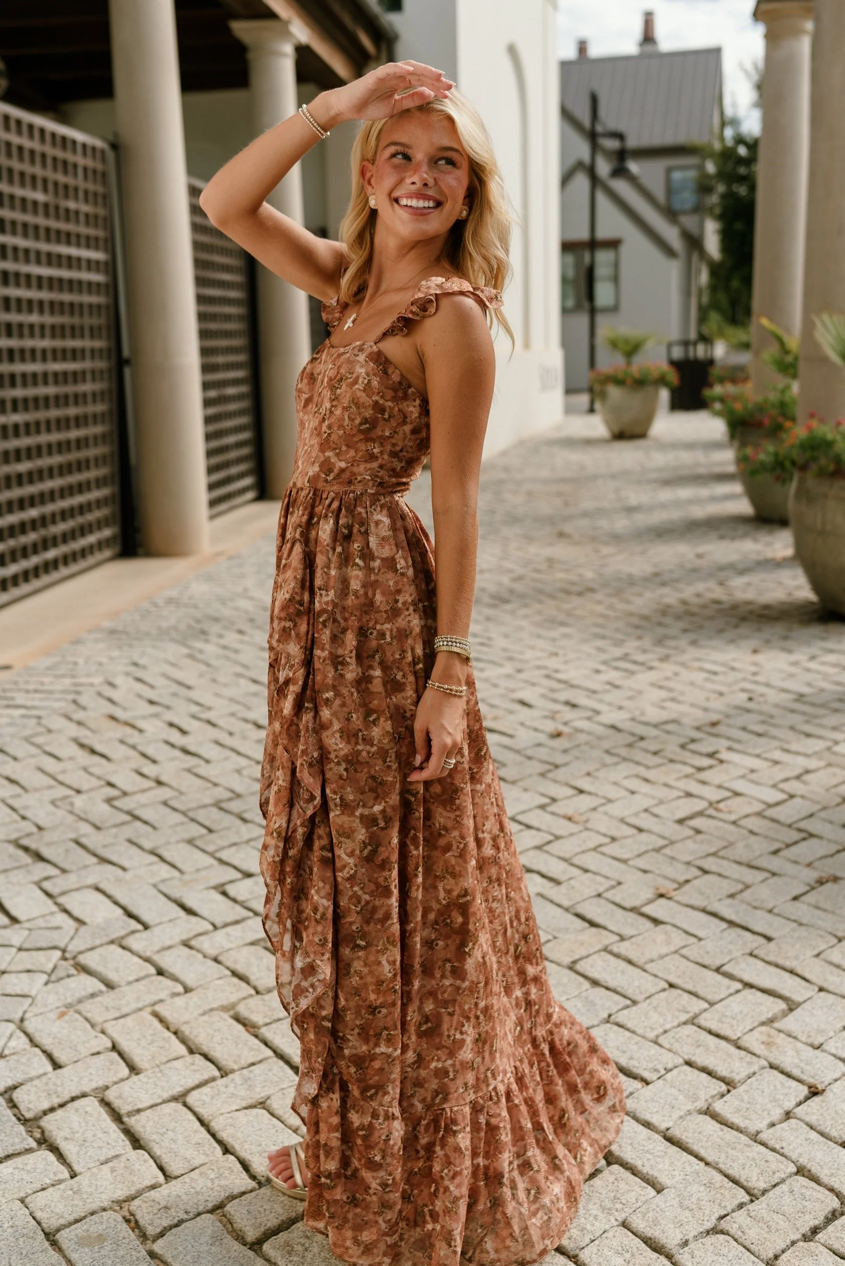 Daphne Brown Floral Ruffle Maxi Dress - Image 5