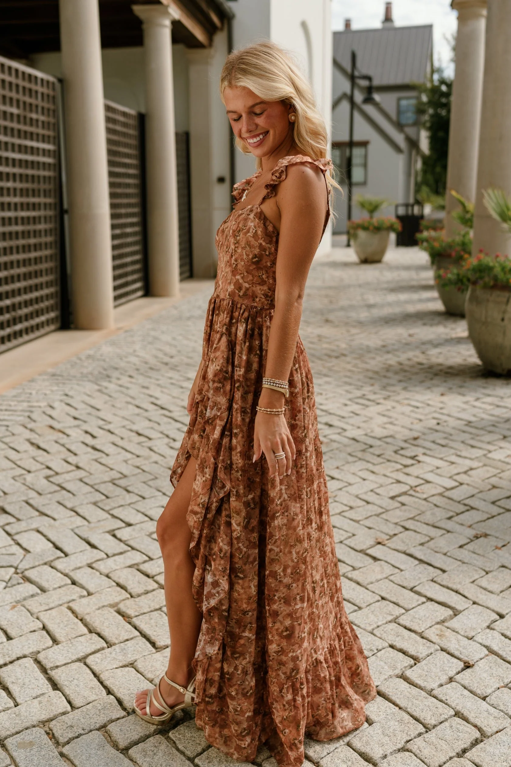 Daphne Brown Floral Ruffle Maxi Dress - Image 6