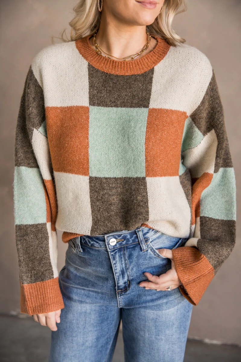 Daphne Rust Multi Checker Long Sleeve Sweater - Image 2