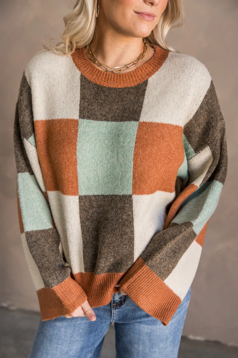 Daphne Rust Multi Checker Long Sleeve Sweater - Image 3