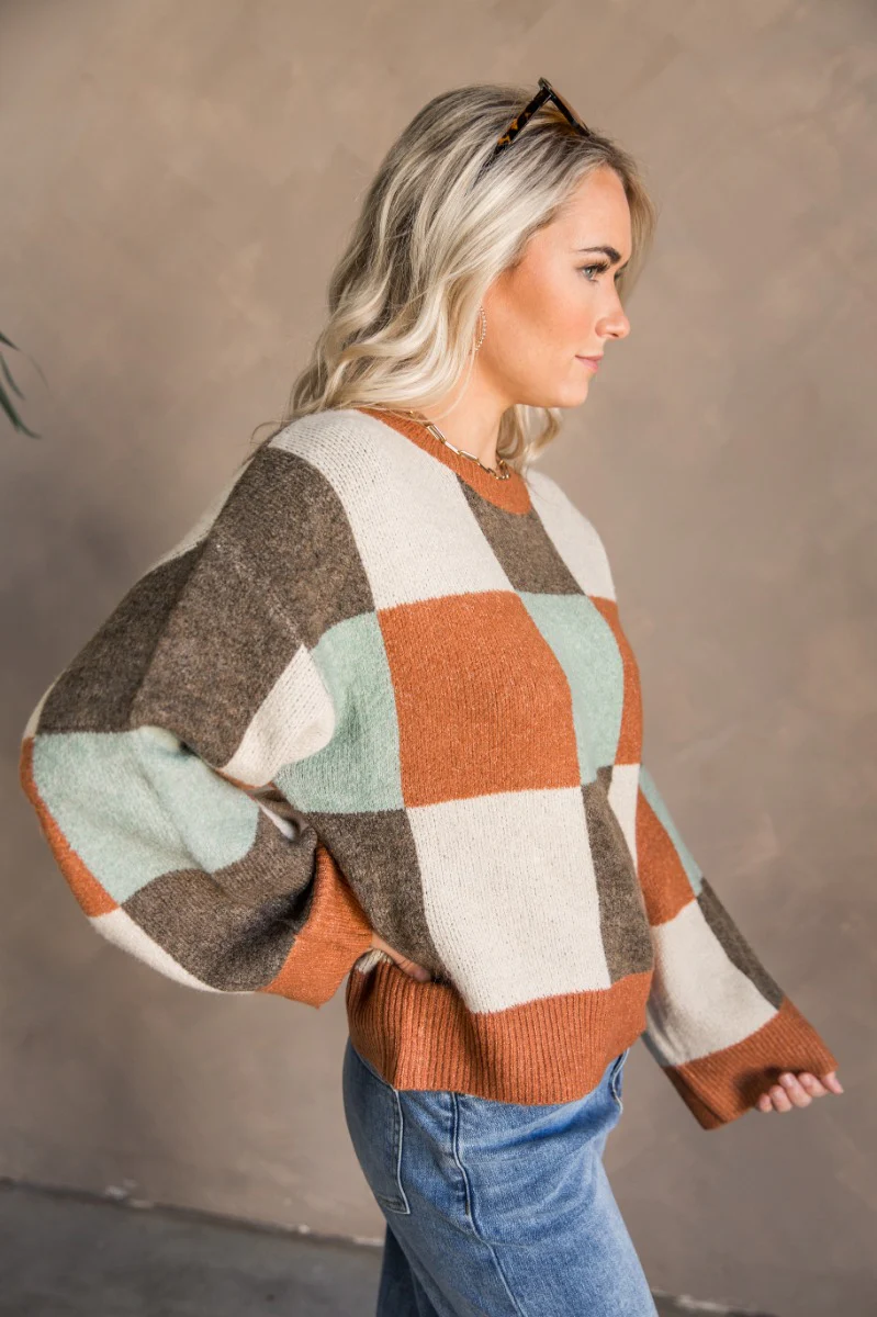 Daphne Rust Multi Checker Long Sleeve Sweater - Image 4