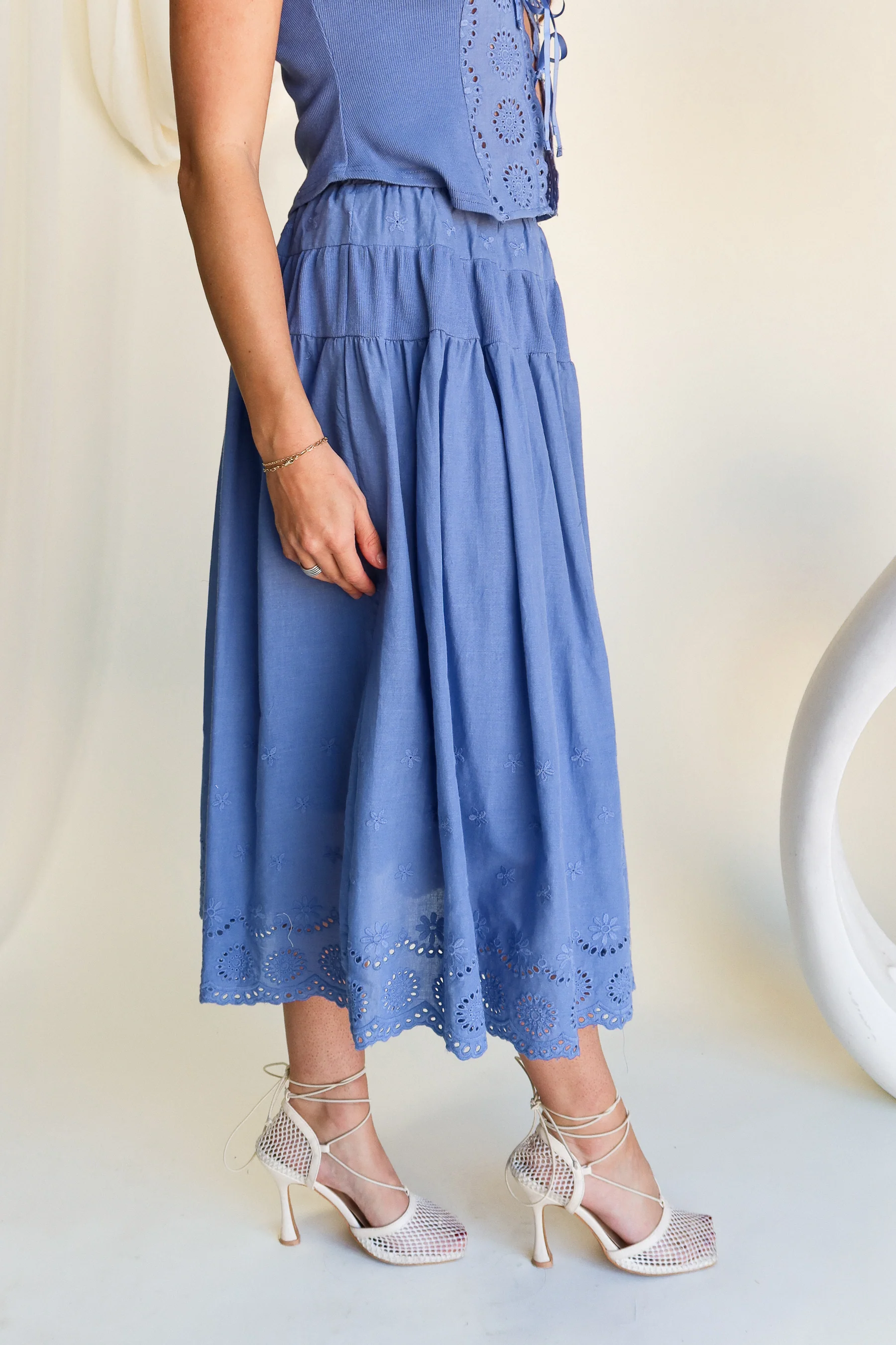 Dara Blue Eyelet Midi Skirt - Image 4