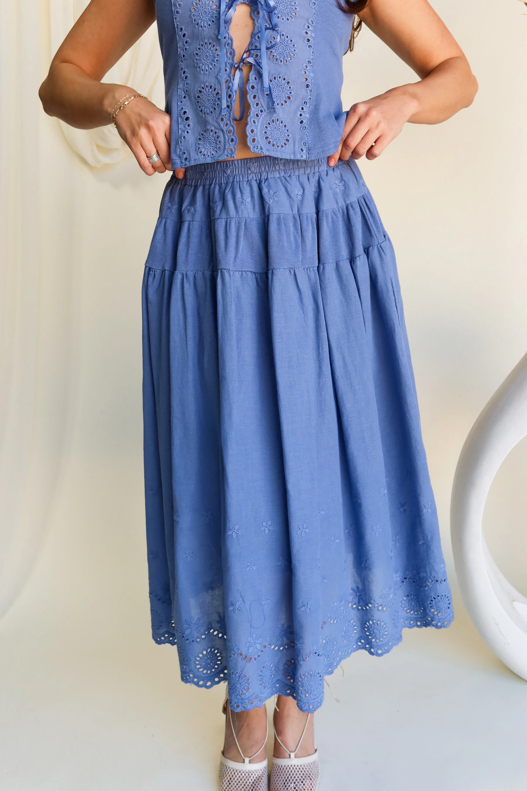 Dara Blue Eyelet Midi Skirt - Image 6