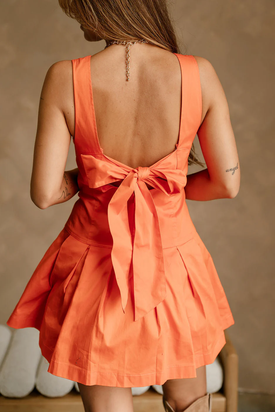 Darrah Orange Bow Back Flare Mini Dress - Image 3