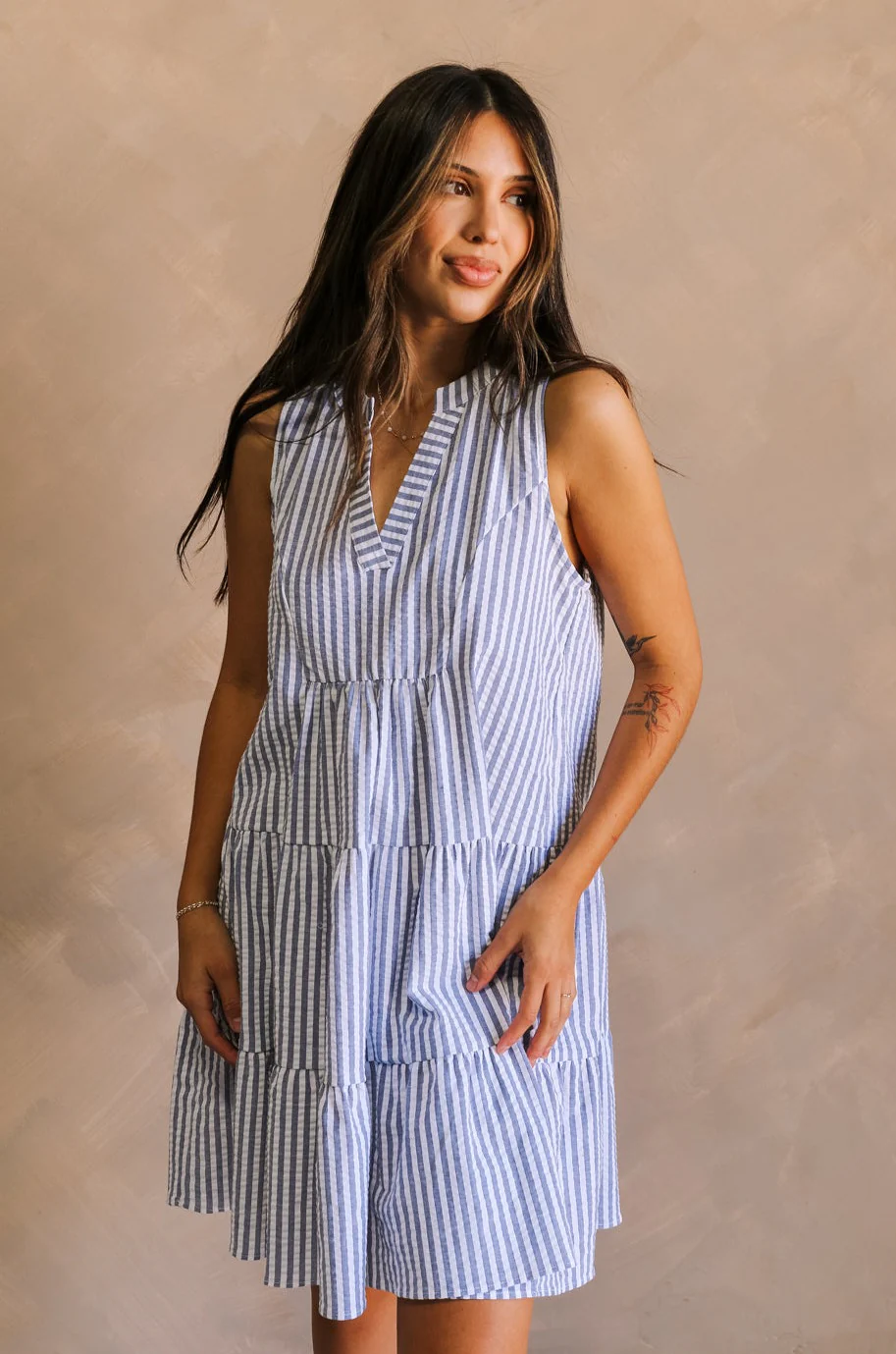 Darya Blue & White Striped Mini Dress - Image 2