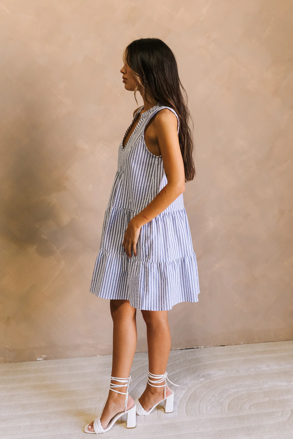 Darya Blue & White Striped Mini Dress - Image 4