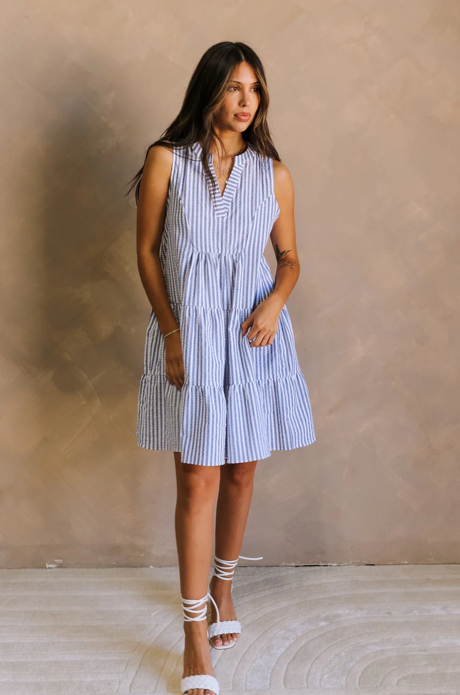 Darya Blue & White Striped Mini Dress - Image 5
