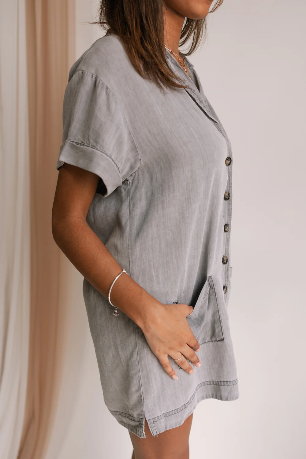 Delaney Grey Button Front Mini Dress - Image 5