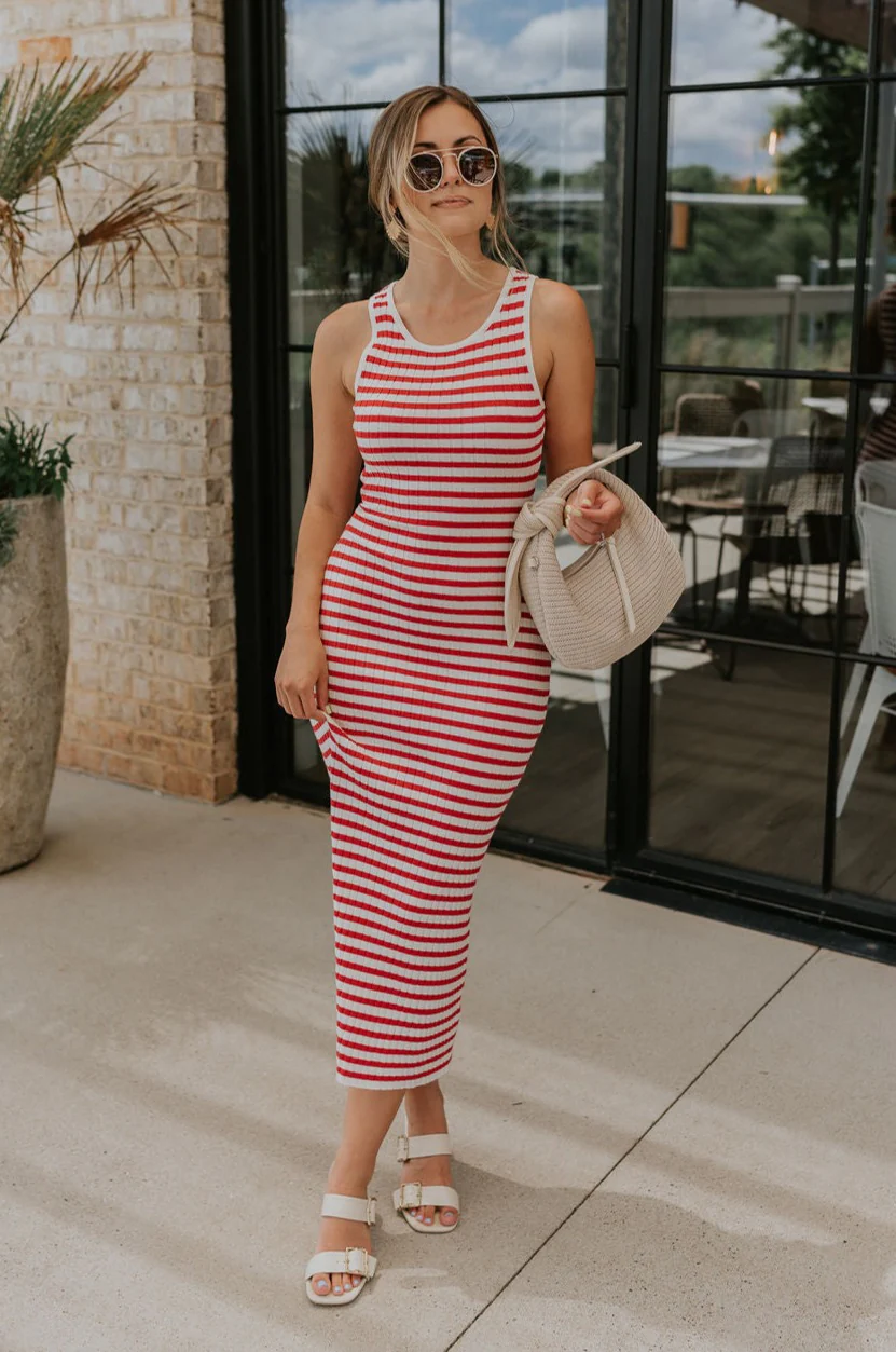 Delilah Red & White Striped Midi Dress
