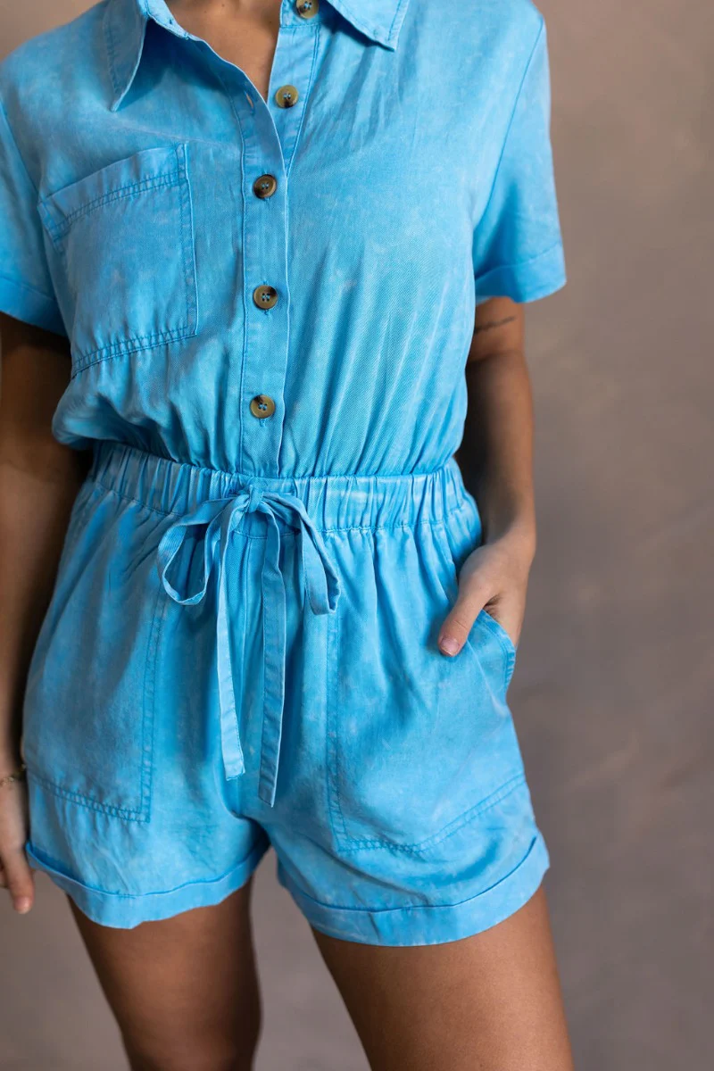 Delilah Washed Sky Blue Short Sleeve Romper - Image 7