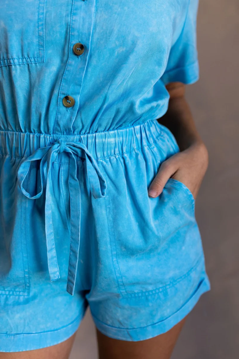 Delilah Washed Sky Blue Short Sleeve Romper - Image 8