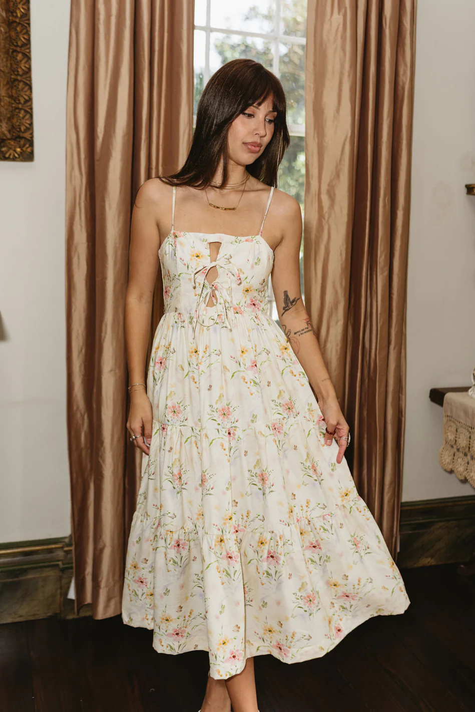 Delphine Light Yellow Floral Midi Dress - Image 2