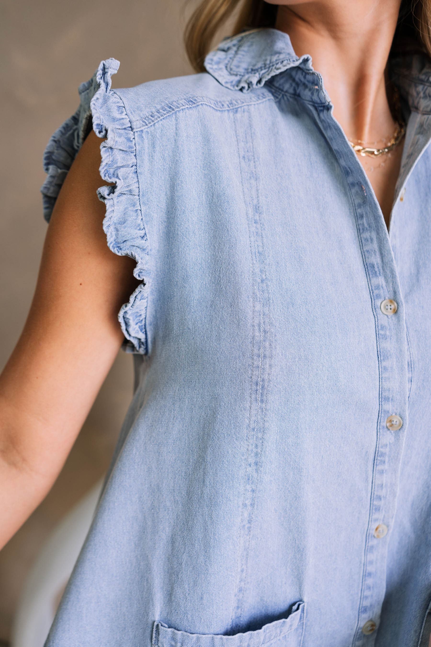 Denver Light Denim Ruffle Button-Up Mini Dress - Image 2