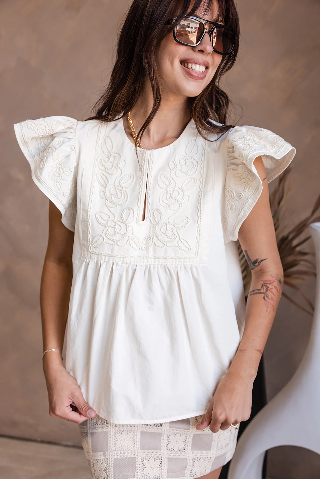 Destiny Ecru Denim Ruffle Short Sleeve Top