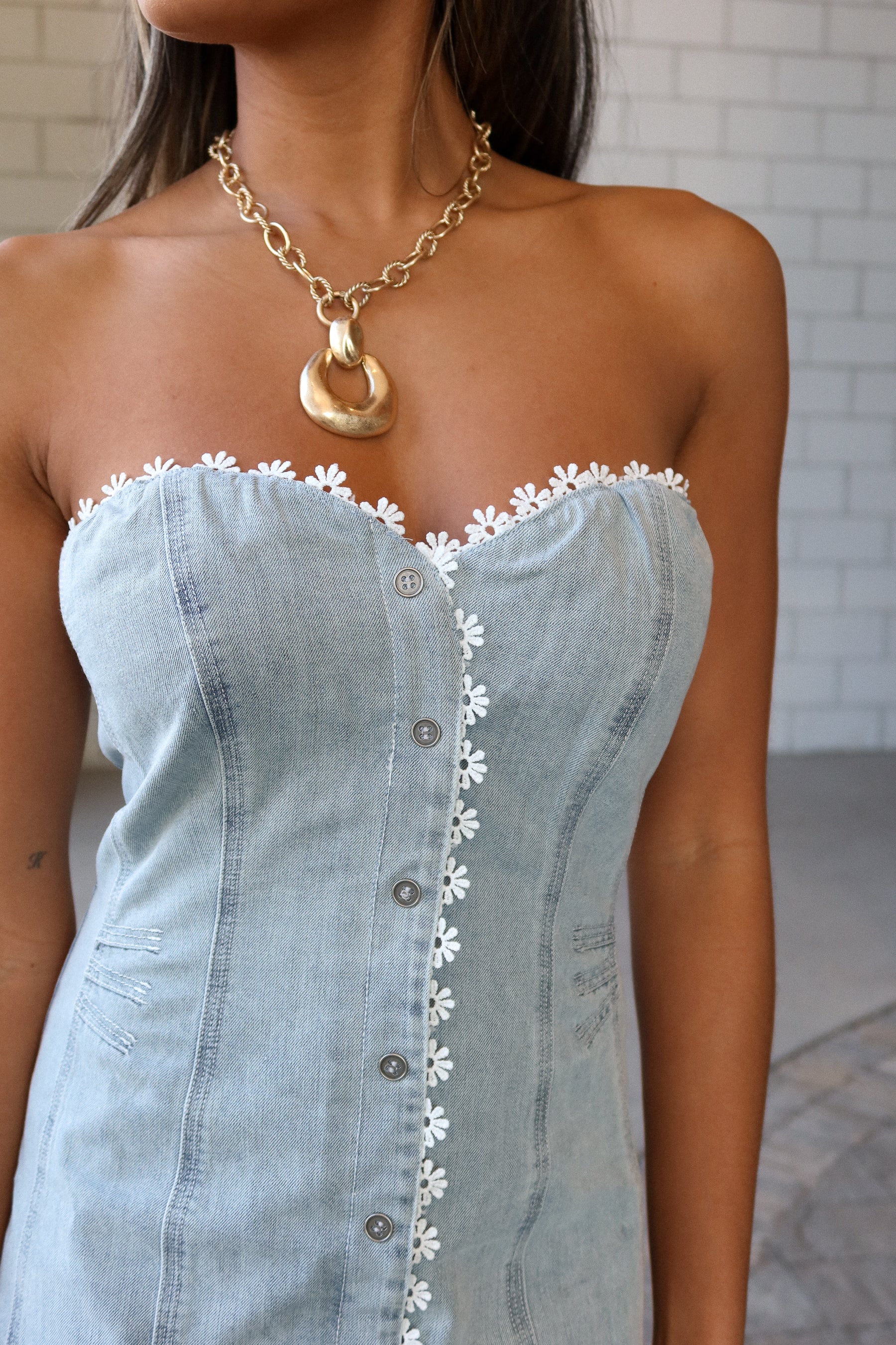 Lena Light Denim & White Lace Floral Mini Dress - Image 6