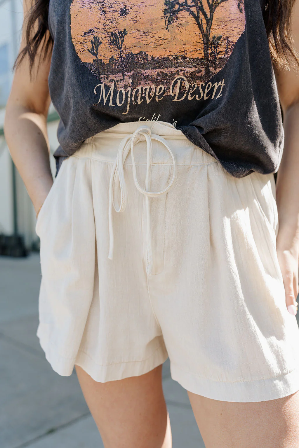 Jayla Beige Elastic Waist Shorts - Image 2