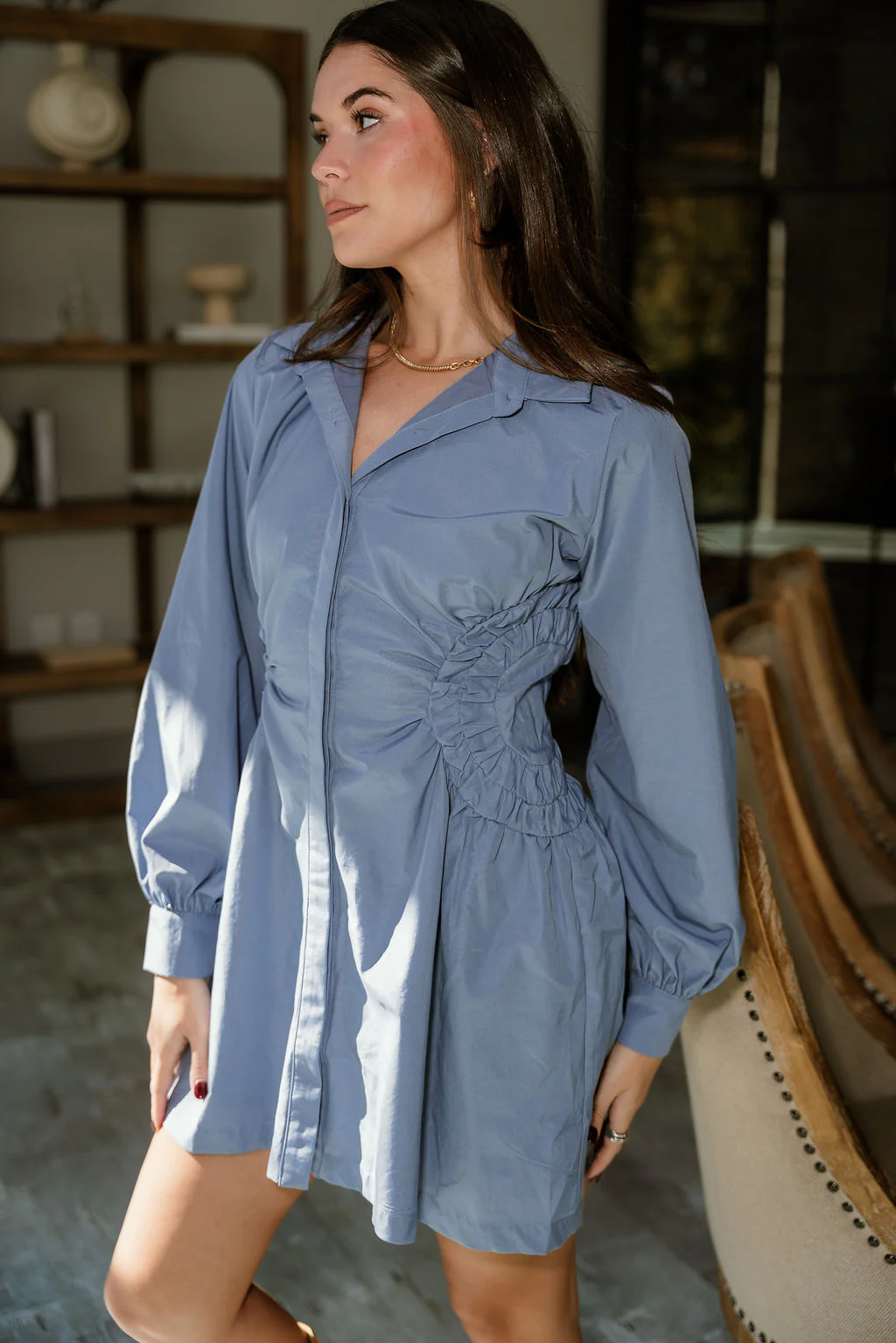 Freya Dusty Blue Ruched Mini Dress - Image 3