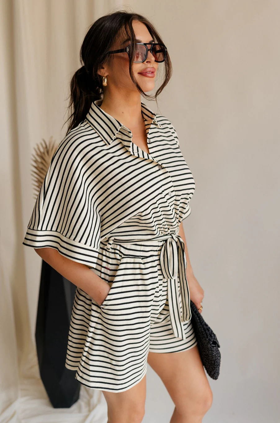 Eden Black & Cream Stripe Tie Romper - Image 2