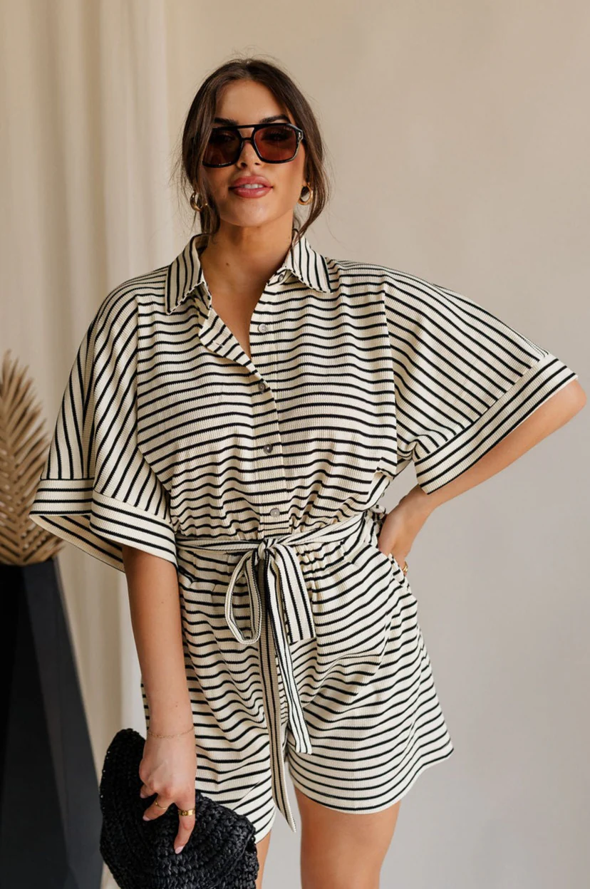 Eden Black & Cream Stripe Tie Romper - Image 3