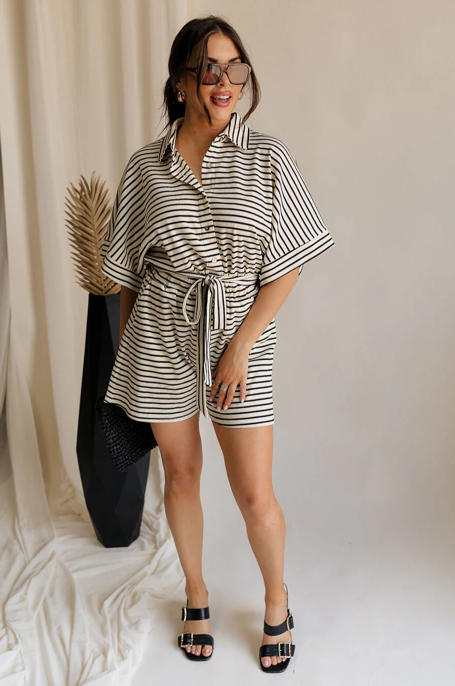 Eden Black & Cream Stripe Tie Romper - Image 5