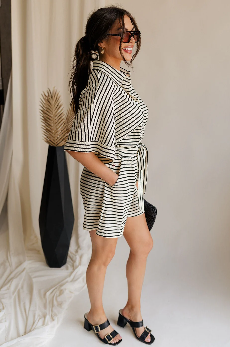 Eden Black & Cream Stripe Tie Romper - Image 7