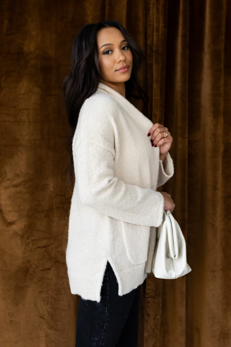 Elena Beige Open Front Cardigan - Image 3