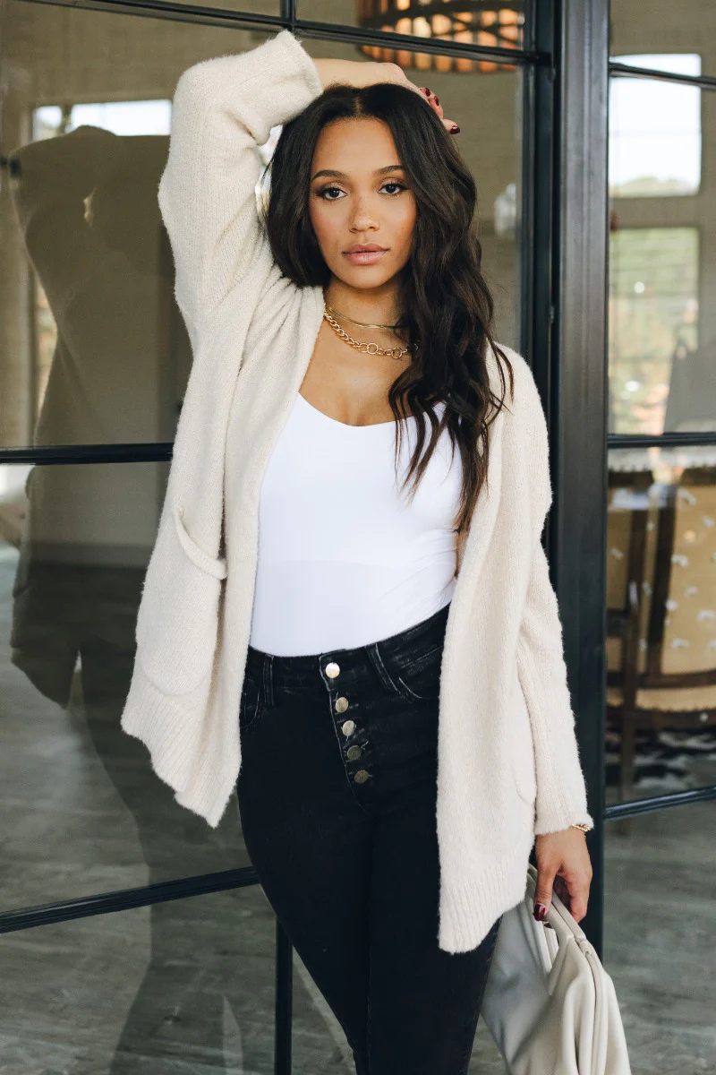 Elena Beige Open Front Cardigan - Image 7