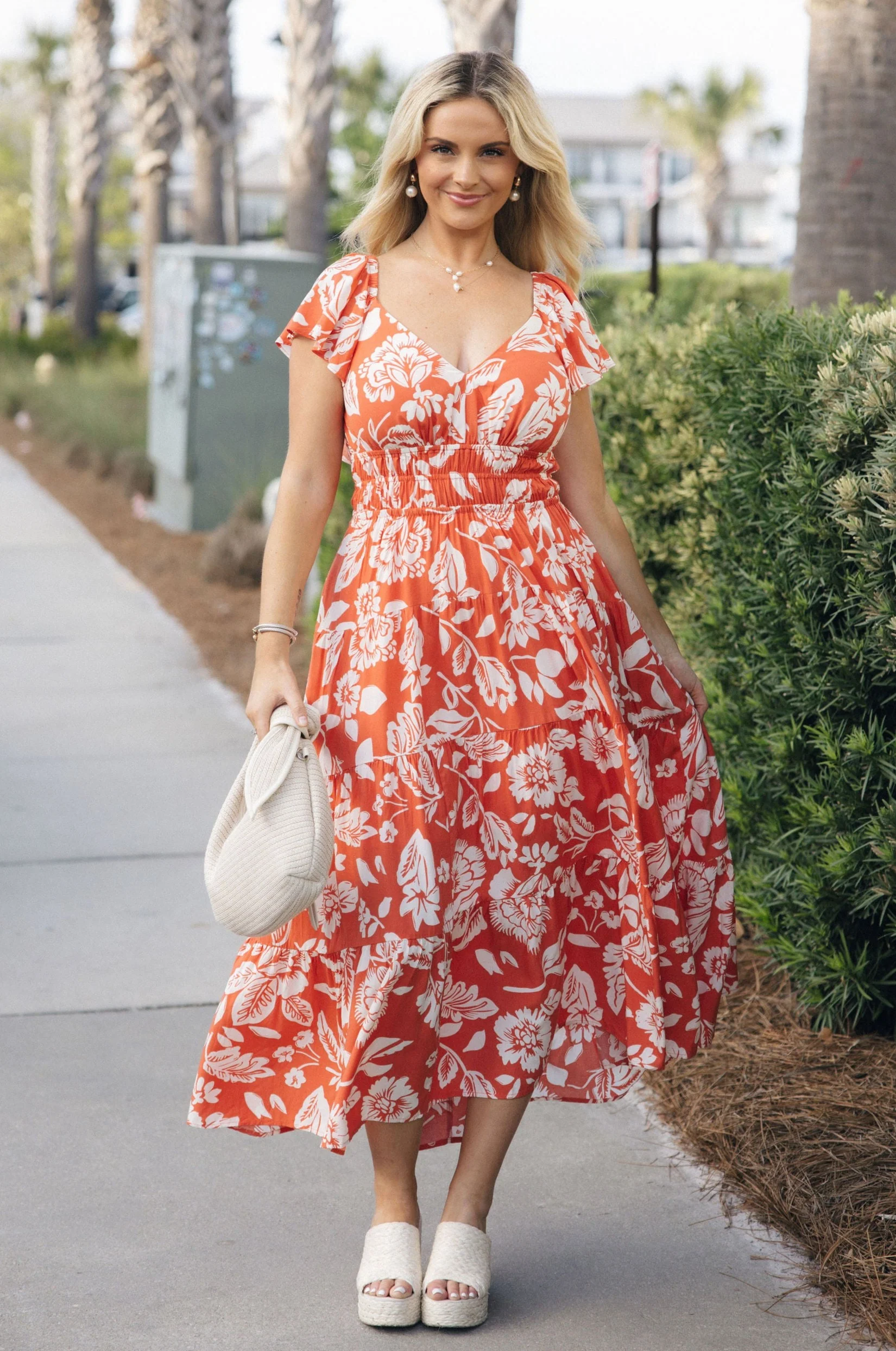 Elena Orange & Cream Floral Midi Dress
