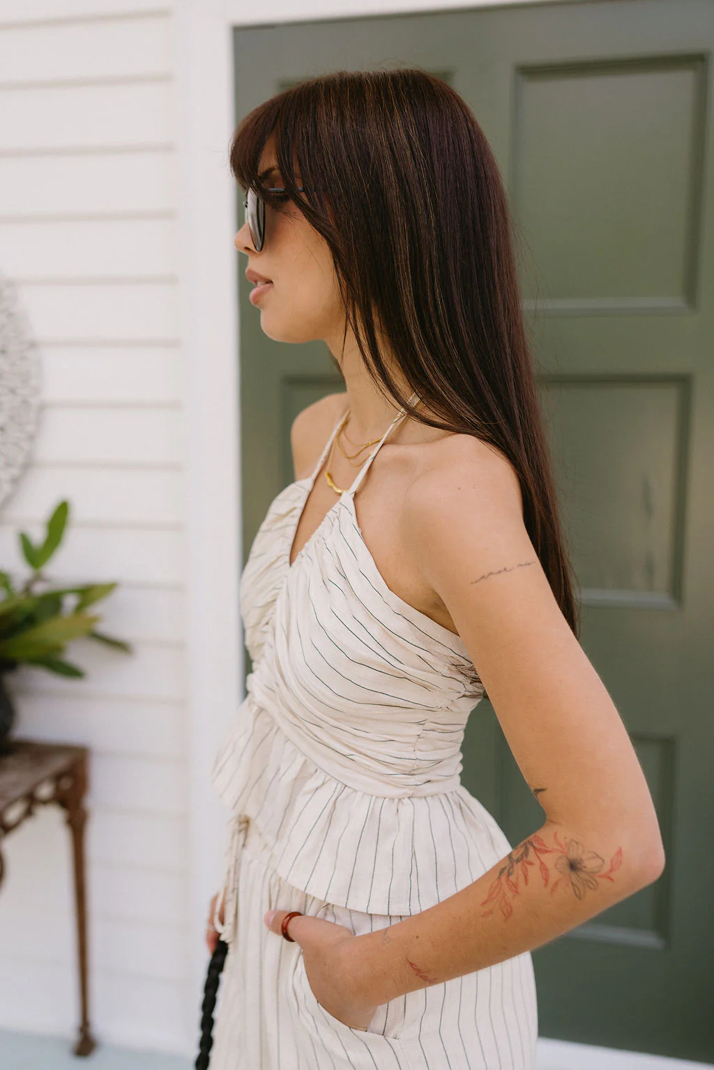 Eliana Oatmeal & Black Stripe Peplum Tank - Image 3