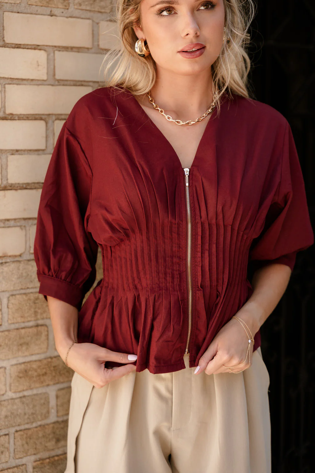 Elianna Burgundy Pleated Zip-Up Top