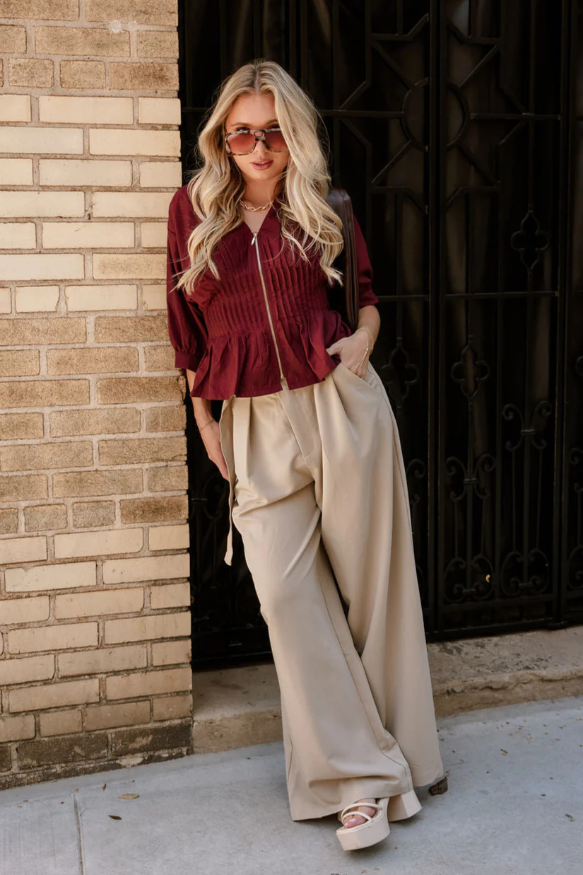 Elianna Burgundy Pleated Zip-Up Top - Image 2