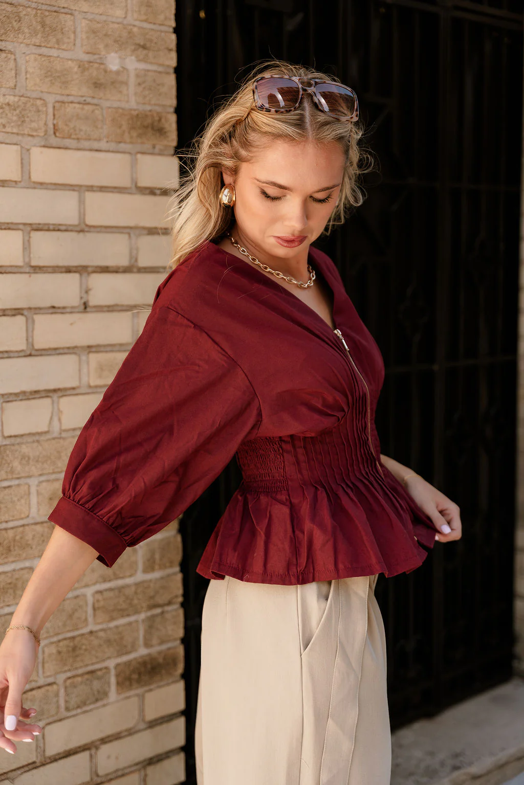 Elianna Burgundy Pleated Zip-Up Top - Image 3