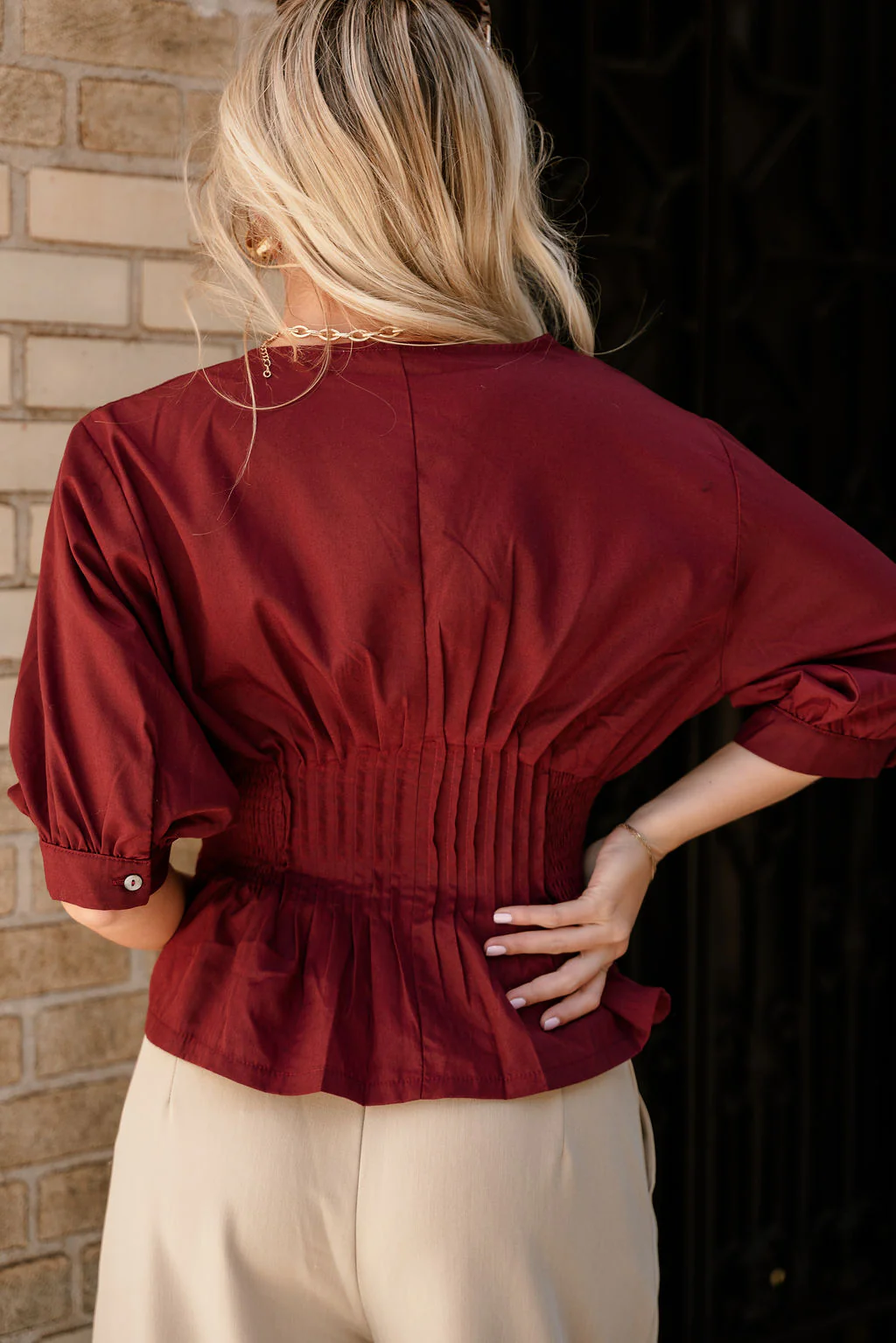 Elianna Burgundy Pleated Zip-Up Top - Image 4