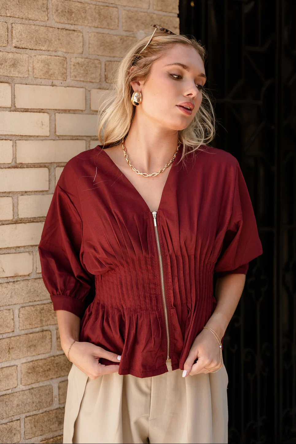 Elianna Burgundy Pleated Zip-Up Top - Image 5