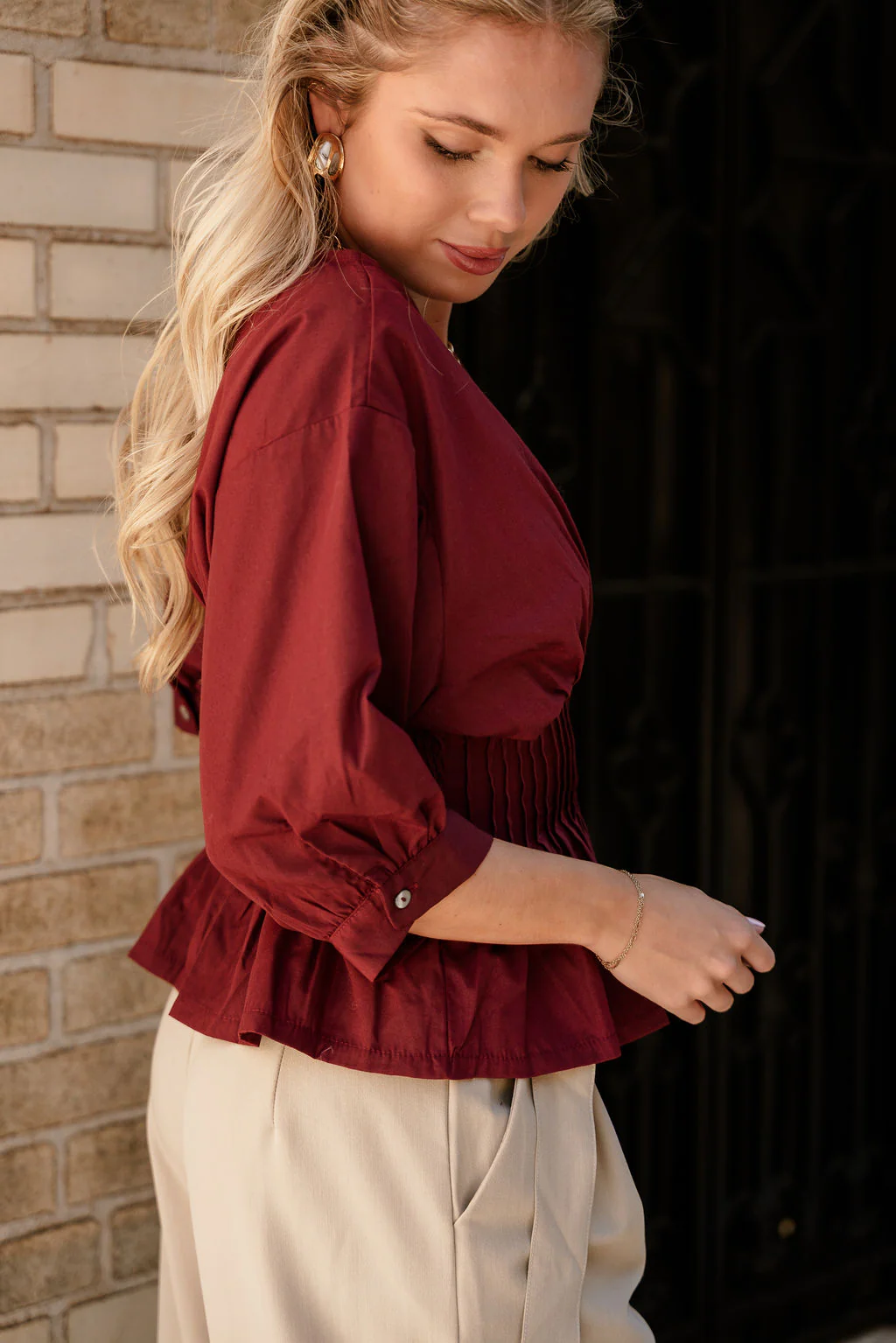 Elianna Burgundy Pleated Zip-Up Top - Image 6