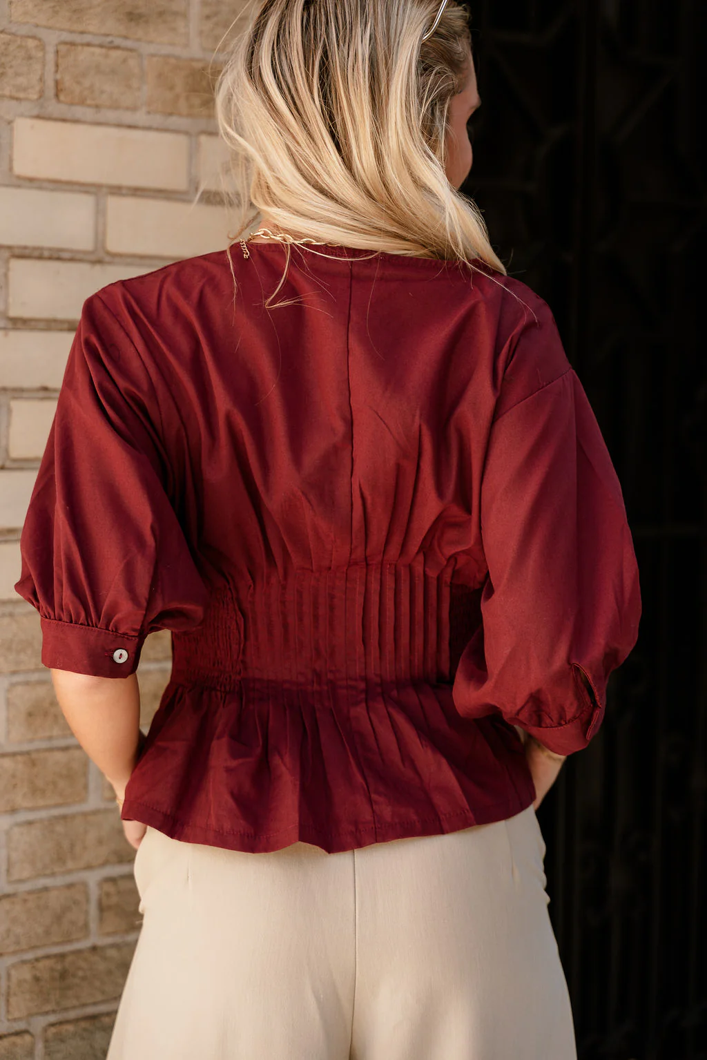Elianna Burgundy Pleated Zip-Up Top - Image 9
