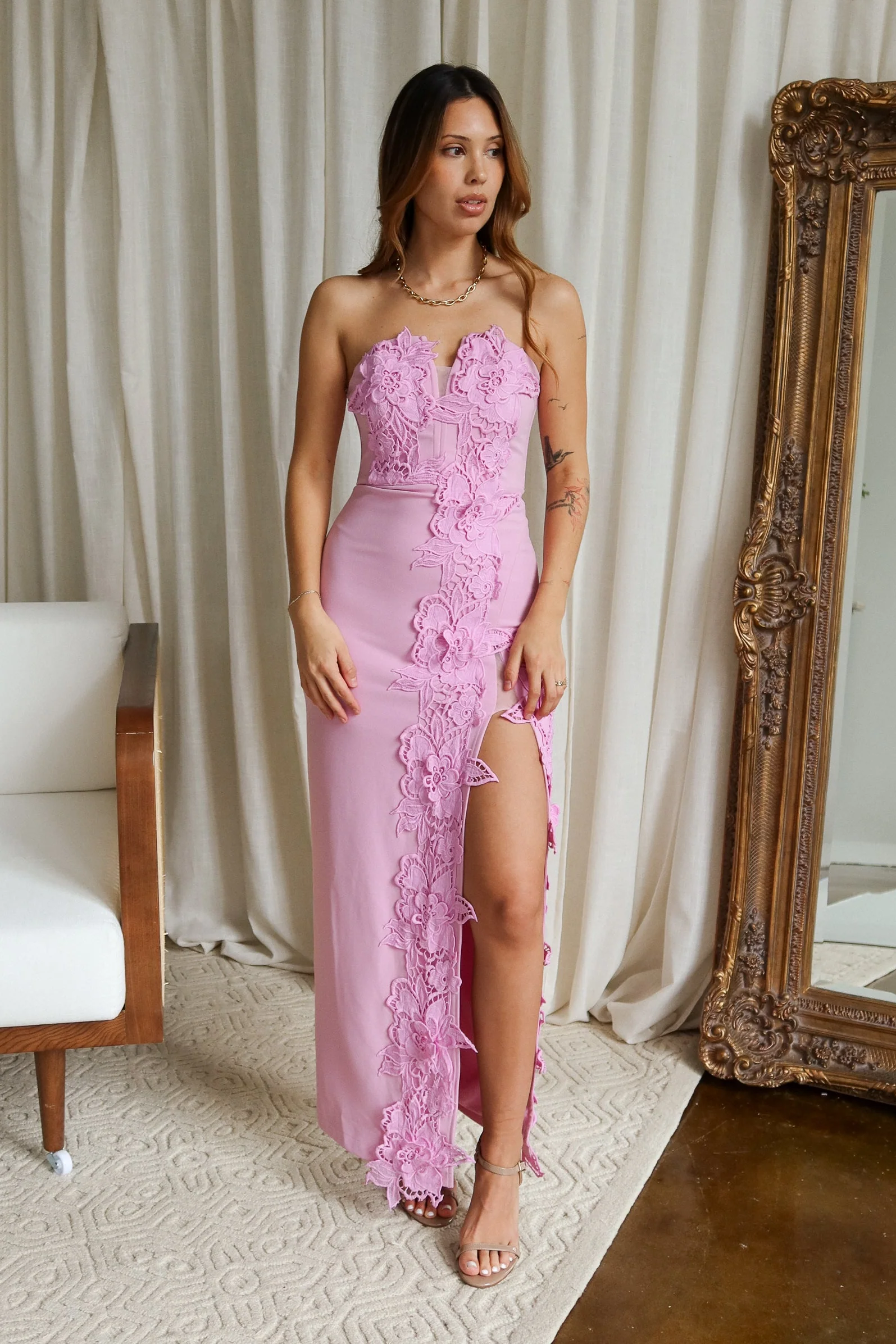 Elisa Pink Lace Floral Slit Maxi Dress - Image 5