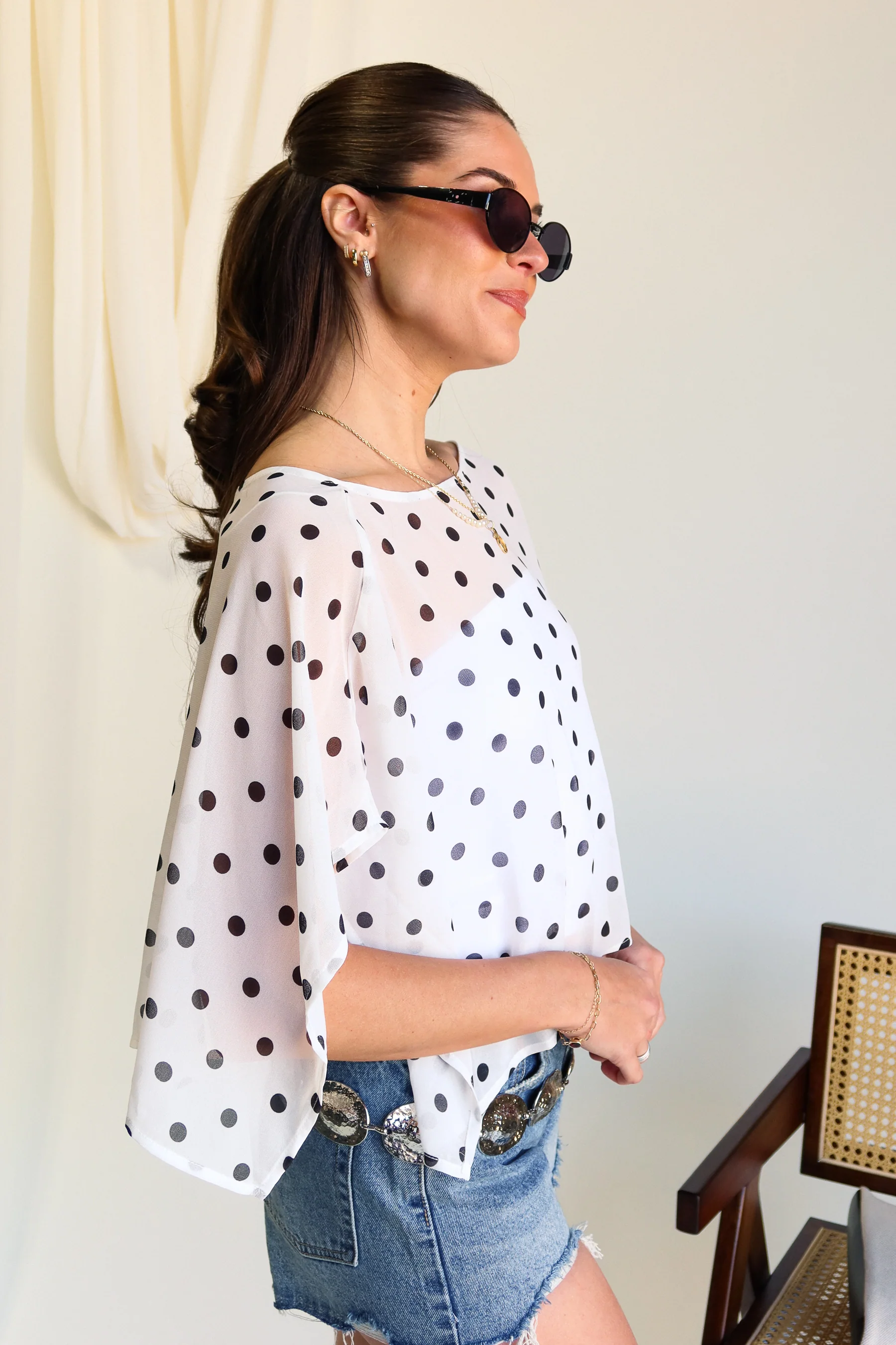 Elisa White & Black Polka Dot Poncho Top - Image 3